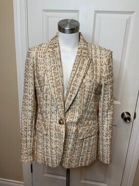 Veronica Beard White Tan Tweed Cutaway Dickey Jacket, Size 10